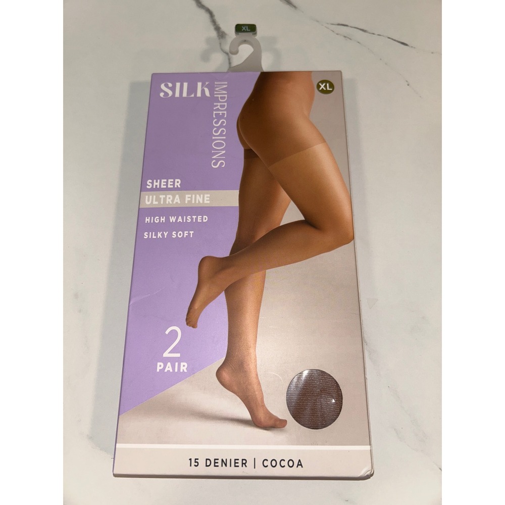 Silk Impressions 2PR Ultra Fine Sheer High Waisted Pantyhose‎ Cocoa XL 15 Denier